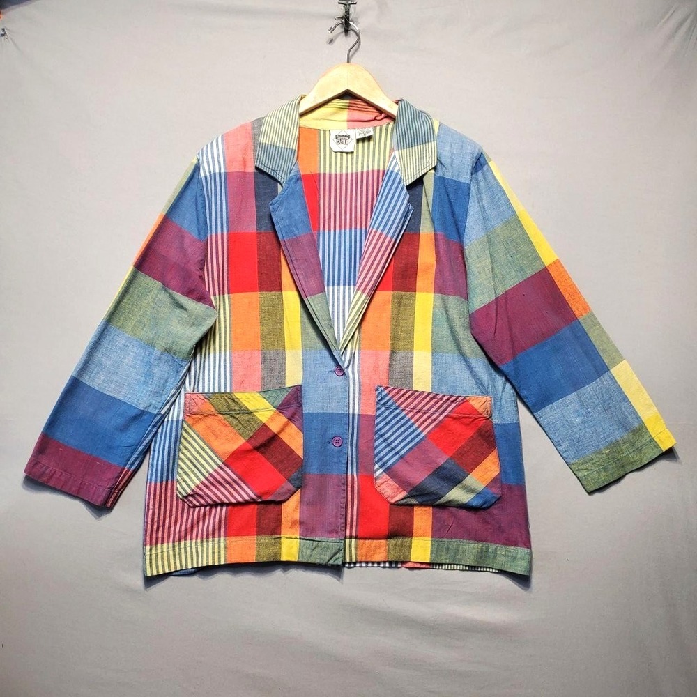 VTG Cotton Castle‎ Madras Plaid Jacket Womens Medium Colorful Patchwork Boho